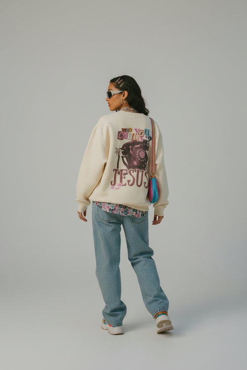 Jesus Graphic Crewneck Sweatshirt — "Who You Callin' Jesus?" Retro Phone Design